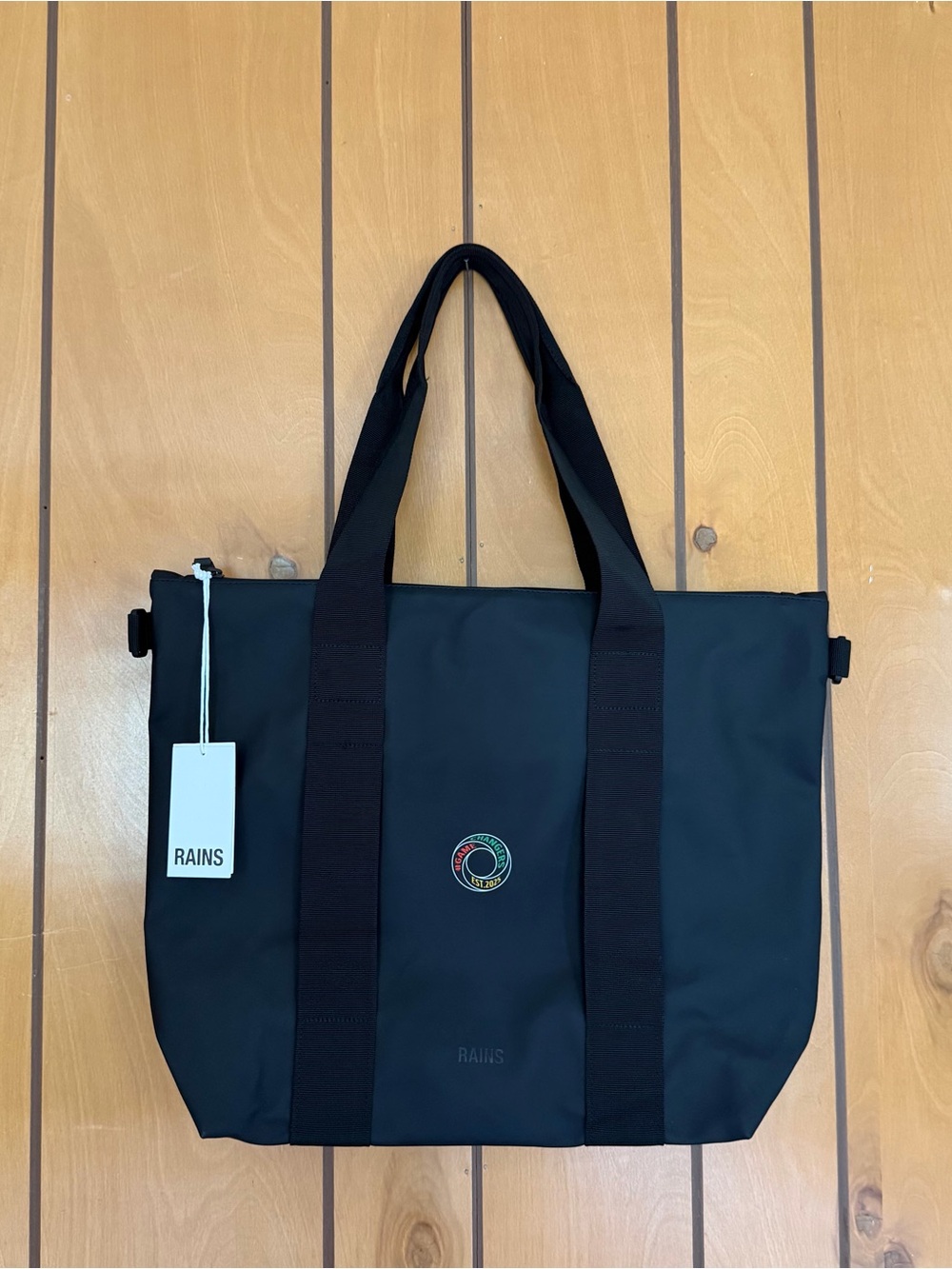 NWT Rains Black Tote Bag Mini W3 with Multicolor Logo Patch